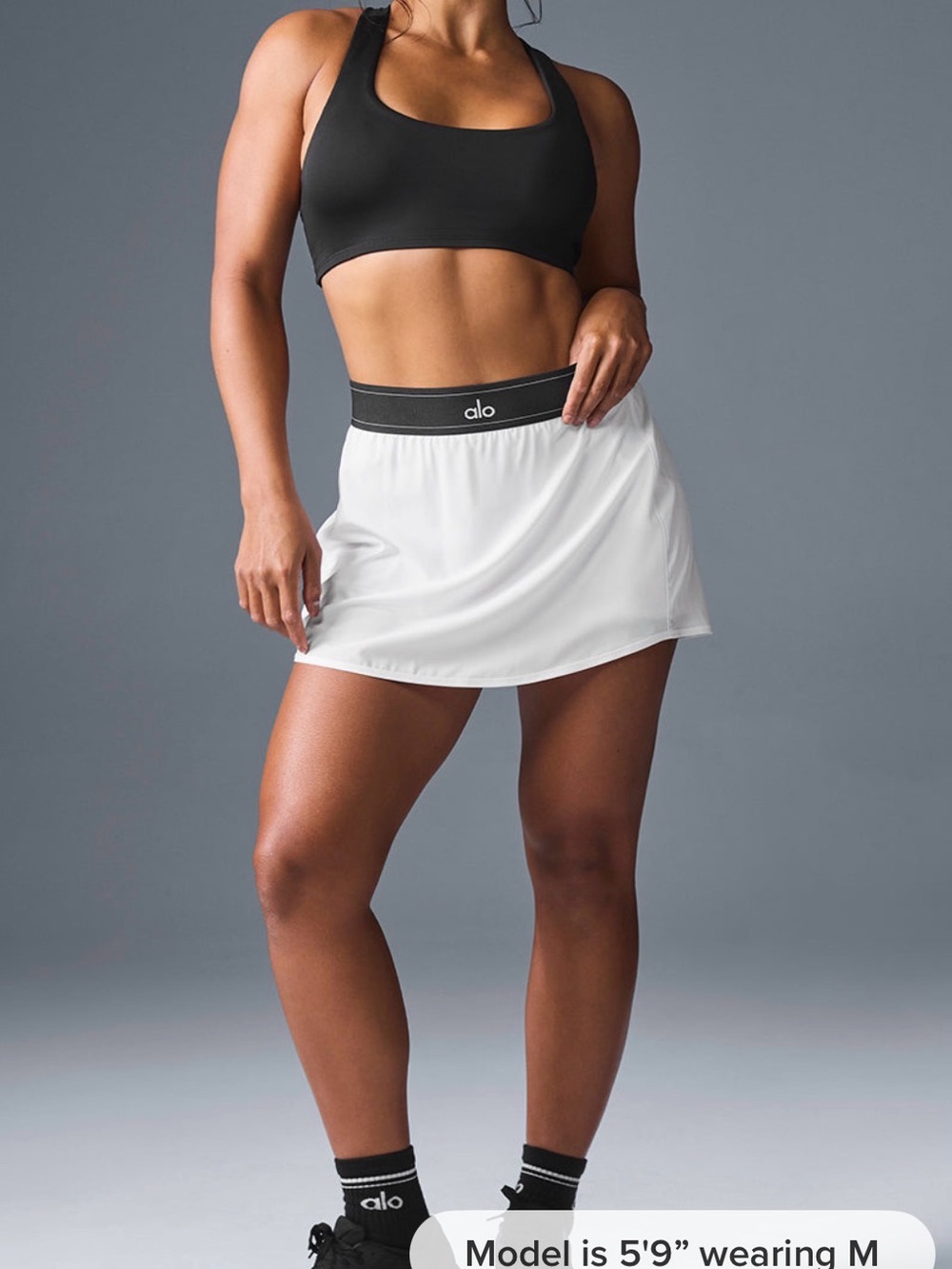ALO Yoga White Tennis Skirt with Black Waistband
